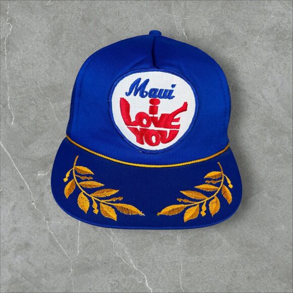 VTG 80s Hawaii Maui I Love You Laurel Leaf Embroidered Rope Snapback Trucker Hat - Picture 2 of 6